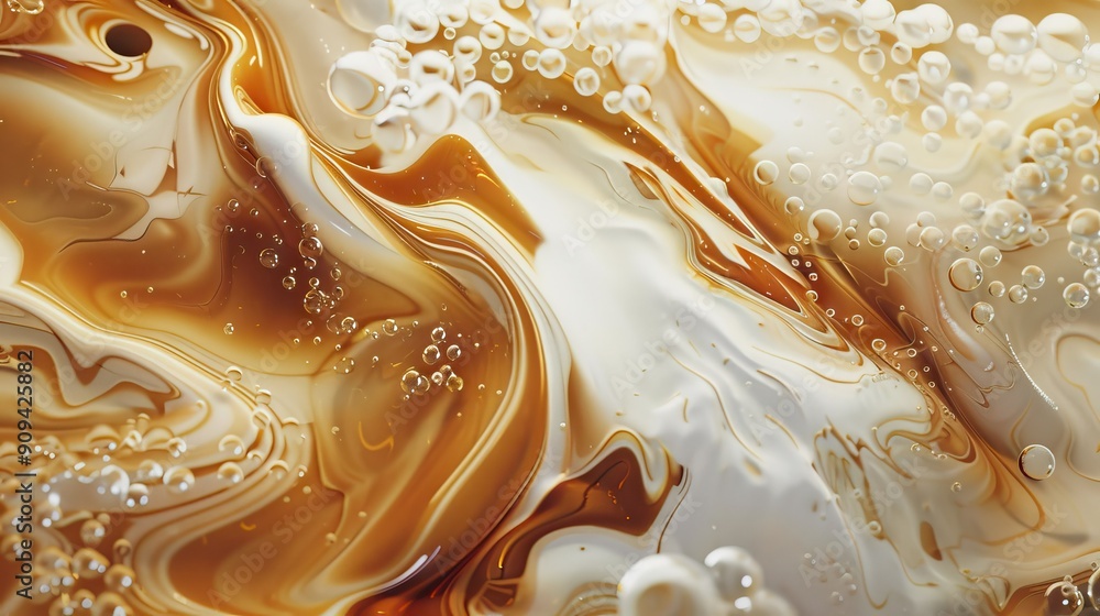 3D close-up of milk mixing with tea in a glass cup, showcasing the swirling patterns and intricate liquid details in high resolution. 3D close-up of milk mixing with tea in a glass cup, showcasing the swirling patterns and intricate liquid details in high resolution.