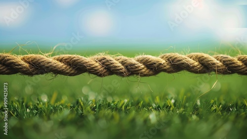 Close-up of thick rope on grass with blurred background photo