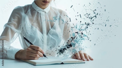 Elegant choreographer writing in a notebook, double exposure of dance movements and abstract shapes, stylish interior design elements