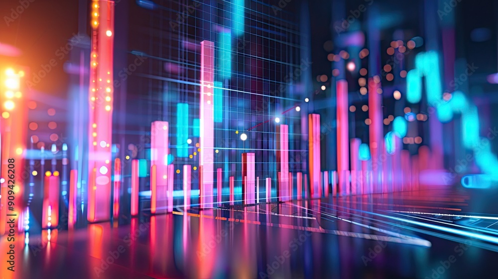 3D illustration of a financial graph with rising trends and digital effects on a futuristic background with this inviting photo. 3D illustration of a financial graph with rising trends and digital effects on a futuristic background with this inviting photo.
