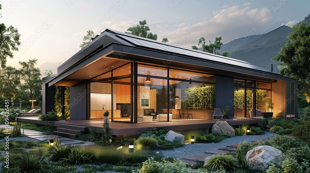 modern ecohome with sleek solar panel roof living walls and a minimalist design nestled in a lush sustainable landscape modern ecohome with sleek solar panel roof living walls and a minimalist design nestled in a lush sustainable landscape