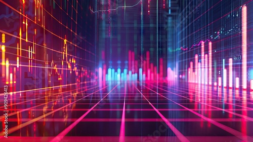 3D illustration of financial data charts with rising trends and digital effects on a grid background with this inviting photo.