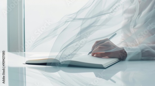 Elegant choreographer writing in a notebook, double exposure of dance movements and abstract shapes, stylish interior design elements