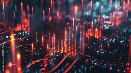 Abstract 3D financial data chart with rising trends and glowing effects on a dark background with this inviting photo.