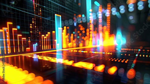 Abstract 3D financial data visualization with bar charts and glowing effects on a dark background with this inviting photo.