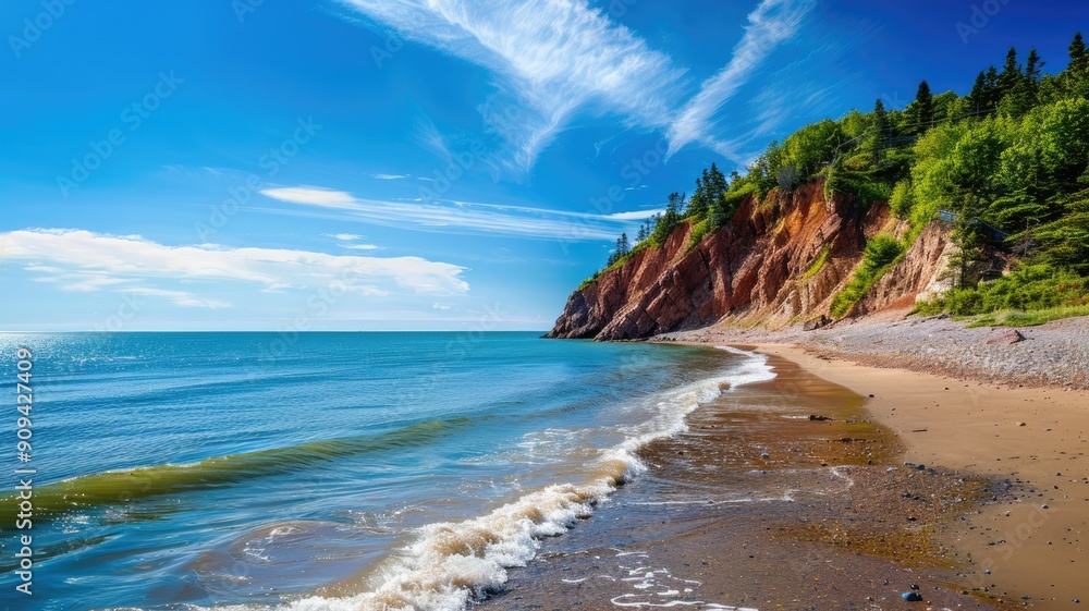 Serene beach with waves, cliffs, and lush trees under bright blue sky Serene beach with waves, cliffs, and lush trees under bright blue sky