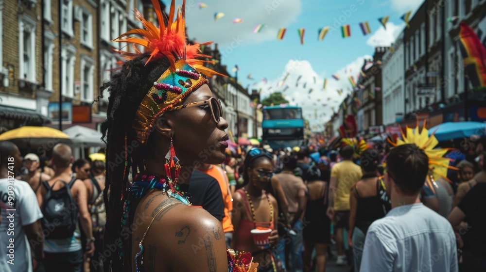 Fototapeta premium Colorful street festival with diverse crowd and vibrant decorations