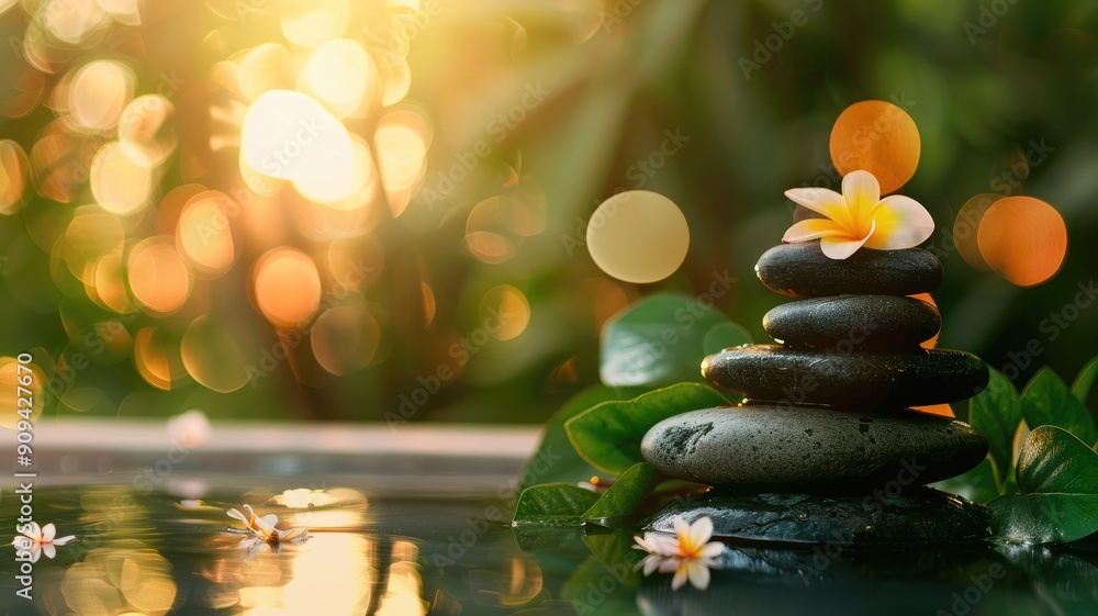 Obraz premium Balanced stones and flowers in tranquil natural setting with sunlight