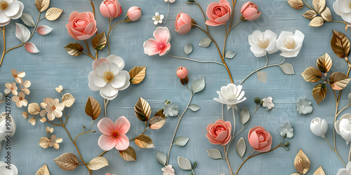 Seamless Watercolor White, Red, and Pink Autumn Flowers in Branches with Leaves on a Light Background. Luxury Decorative Wall Sticker. HD Seamless Magnolia, Frangipani, Rose Flower Wallpaper.