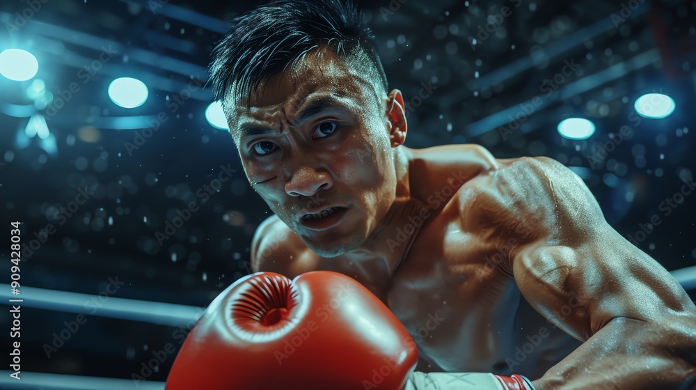 Close-up of a determined boxer in the ring with dramatic lighting highlighting his intense expression and muscular build. Close-up of a determined boxer in the ring with dramatic lighting highlighting his intense expression and muscular build.