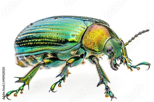 iridescent green june beetle perched delicately macro shot reveals intricate details of exoskeleton legs and antennae against clean white background