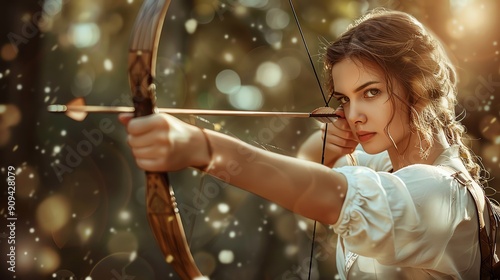 Focused woman aiming with a bow and arrow in a magical forest setting, highlighting strength and determination amidst glowing particles. photo