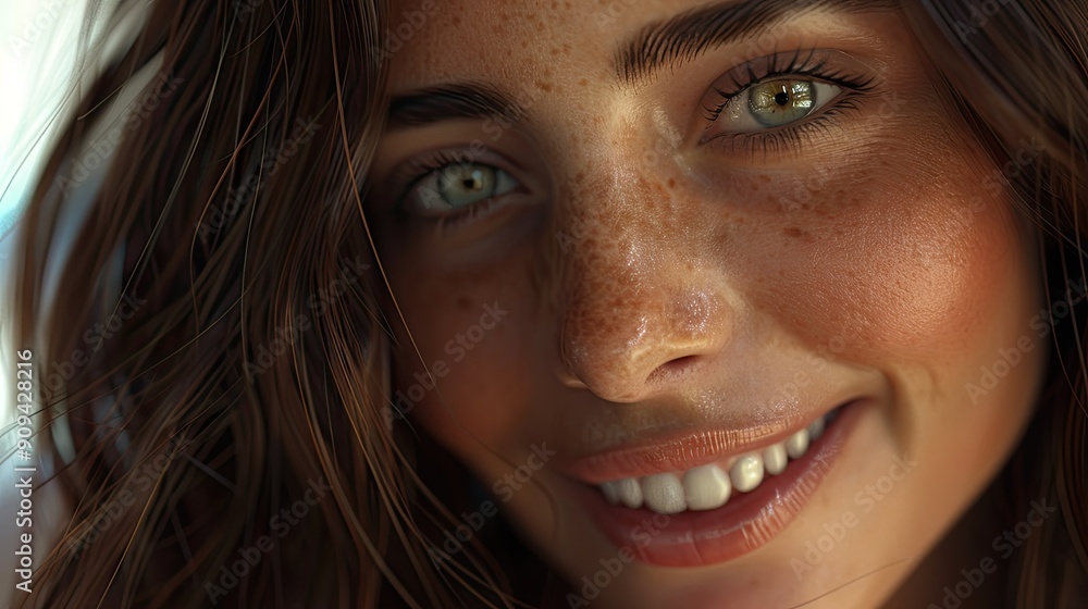 Close-up 3D render of a beautiful woman, capturing the details of her radiant smile and captivating eyes with this inviting photo. Close-up 3D render of a beautiful woman, capturing the details of her radiant smile and captivating eyes with this inviting photo.