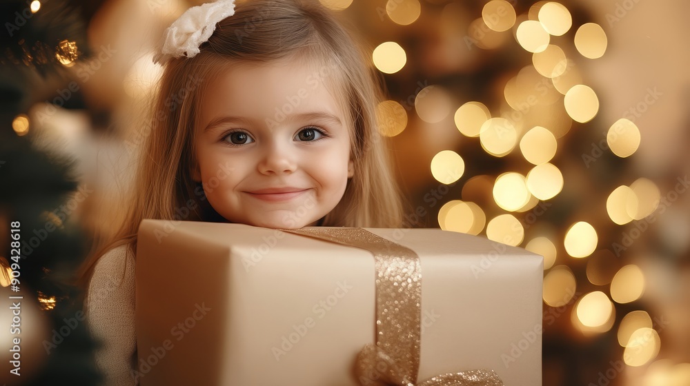 Happy cute little girl and gift Happy cute little girl and gift