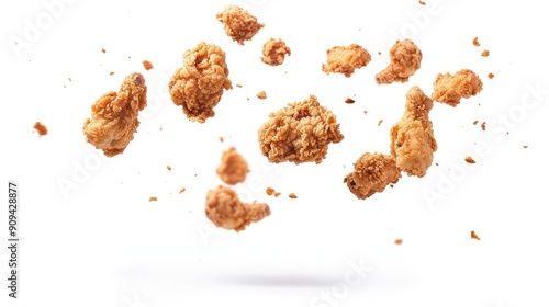 Delicious fried chicken pieces in mid-air, falling onto a white background, viewed from above. Perfect for an engaging food visual.