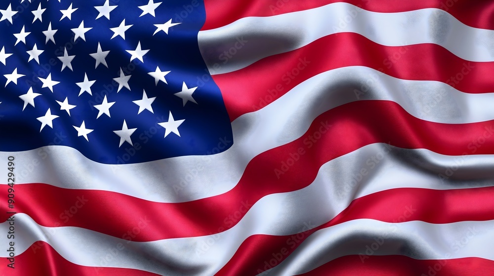 Obraz premium The American flag is waving in the wind. The flag is red, white, and blue. The stars are evenly spaced and the stripes are also evenly spaced. The flag is a symbol of the United States and its values.