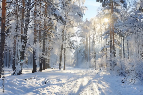 winter forest landscape with trees and snow in sunny day 