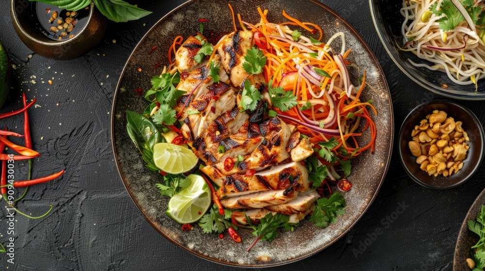 Detailed 3D top view of a plate of Som Tum Thai with Grilled Chicken, showcasing the crisp papaya, tangy dressing, and perfectly grilled chicken with this inviting photo. Detailed 3D top view of a plate of Som Tum Thai with Grilled Chicken, showcasing the crisp papaya, tangy dressing, and perfectly grilled chicken with this inviting photo.