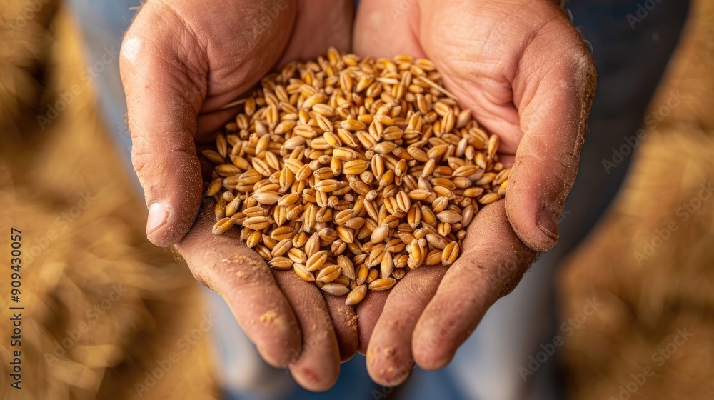 Detailed close-up of golden wheat grains in a farmer's hands, highlighting the natural beauty and the farmer's connection to their crop. Detailed close-up of golden wheat grains in a farmer's hands, highlighting the natural beauty and the farmer's connection to their crop.