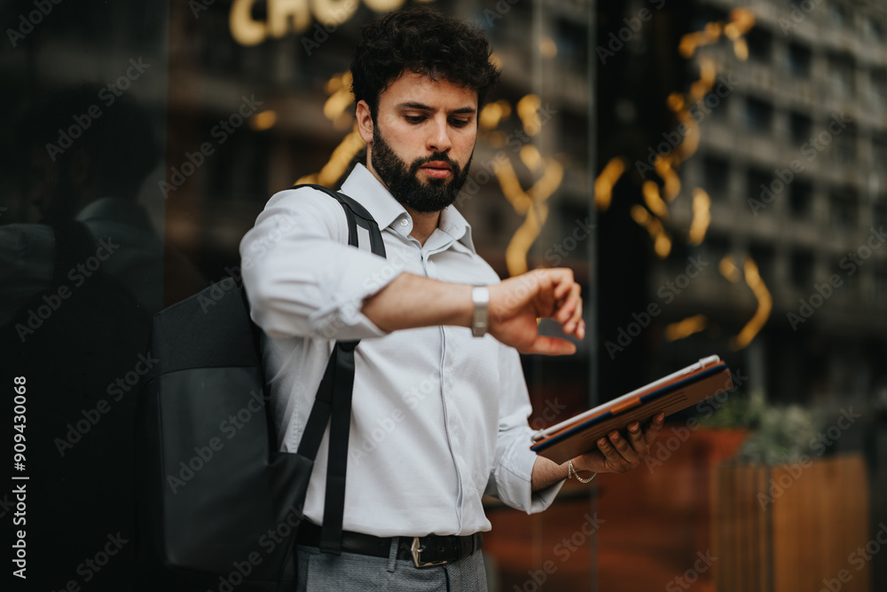 Obraz premium Businessman in a white shirt checking time on his wristwatch and holding a tablet while standing outside in an urban area.
