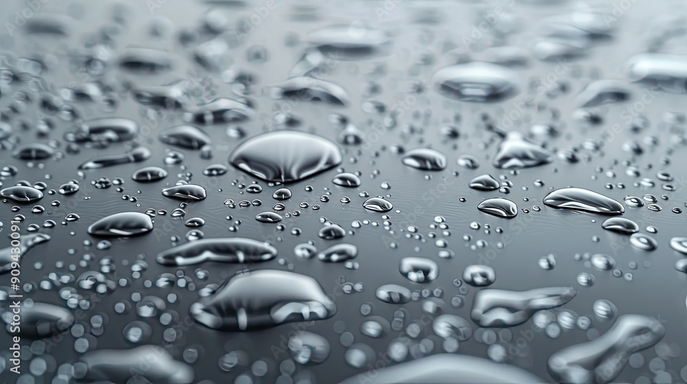 Detailed view of water droplets on a metallic surface with a flowing water backdrop. Perfect for clean design and text copy space. Detailed view of water droplets on a metallic surface with a flowing water backdrop. Perfect for clean design and text copy space.
