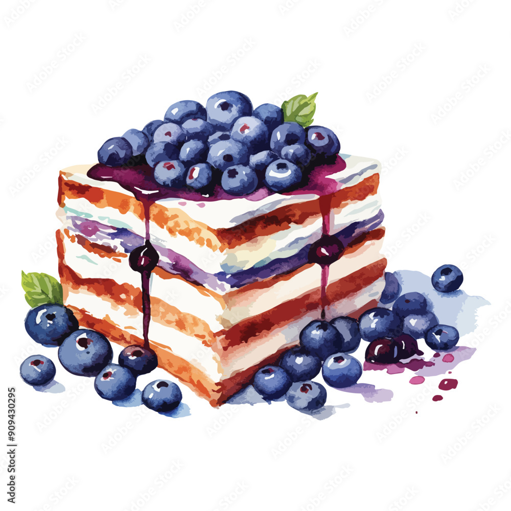 Cake covered and decorated with blueberries and leaves. Vector illustration of festive cake on white background. Cake covered and decorated with blueberries and leaves. Vector illustration of festive cake on white background.
