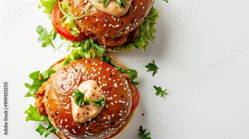 Double chicken burger with crispy chicken patties, fresh salad, and creamy sauce, isolated on white and captured from above. Perfect for menu designs.