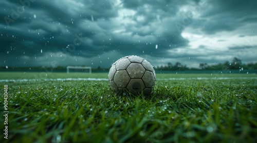 raindrenched soccer field under stormy sky lone ball resting on glistening grass dramatic lighting and gathering clouds creating atmosphere of anticipation and challenge photo