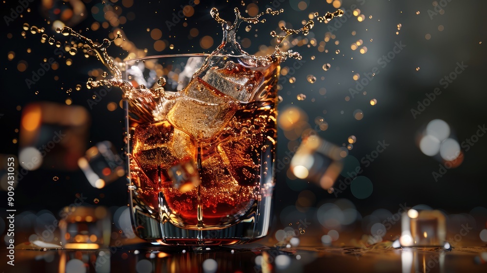 High-resolution 3D image of cola splashing into a glass filled with ice cubes, capturing the dynamic motion and fizz with this inviting photo. High-resolution 3D image of cola splashing into a glass filled with ice cubes, capturing the dynamic motion and fizz with this inviting photo.