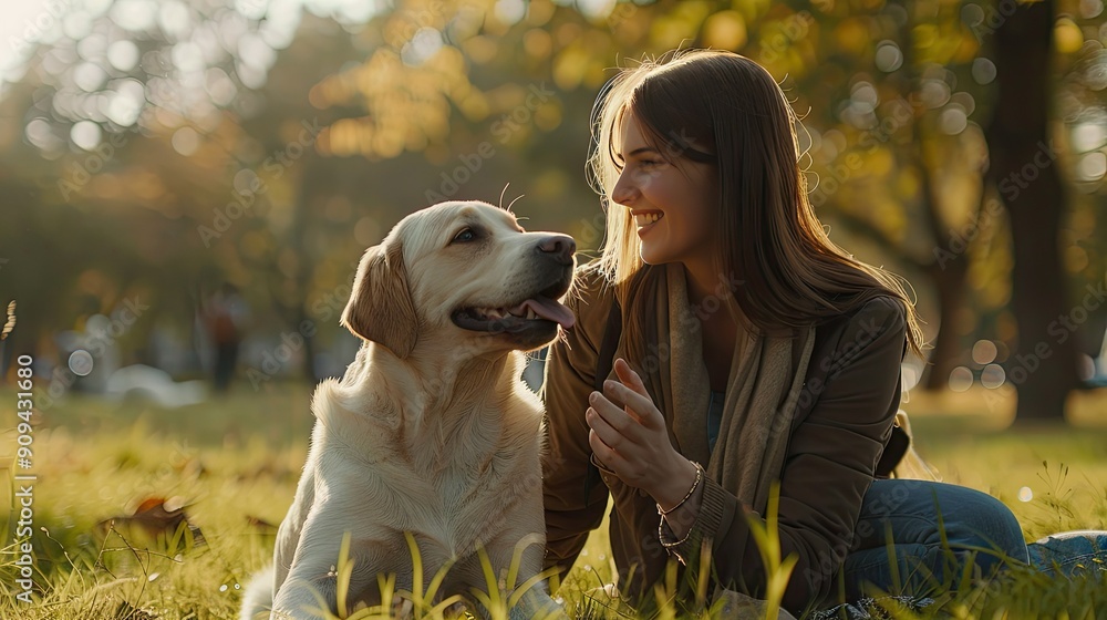 Joyful woman playing with her Labrador Retriever dog in a park. Plenty of space for text on the left side. Joyful woman playing with her Labrador Retriever dog in a park. Plenty of space for text on the left side.