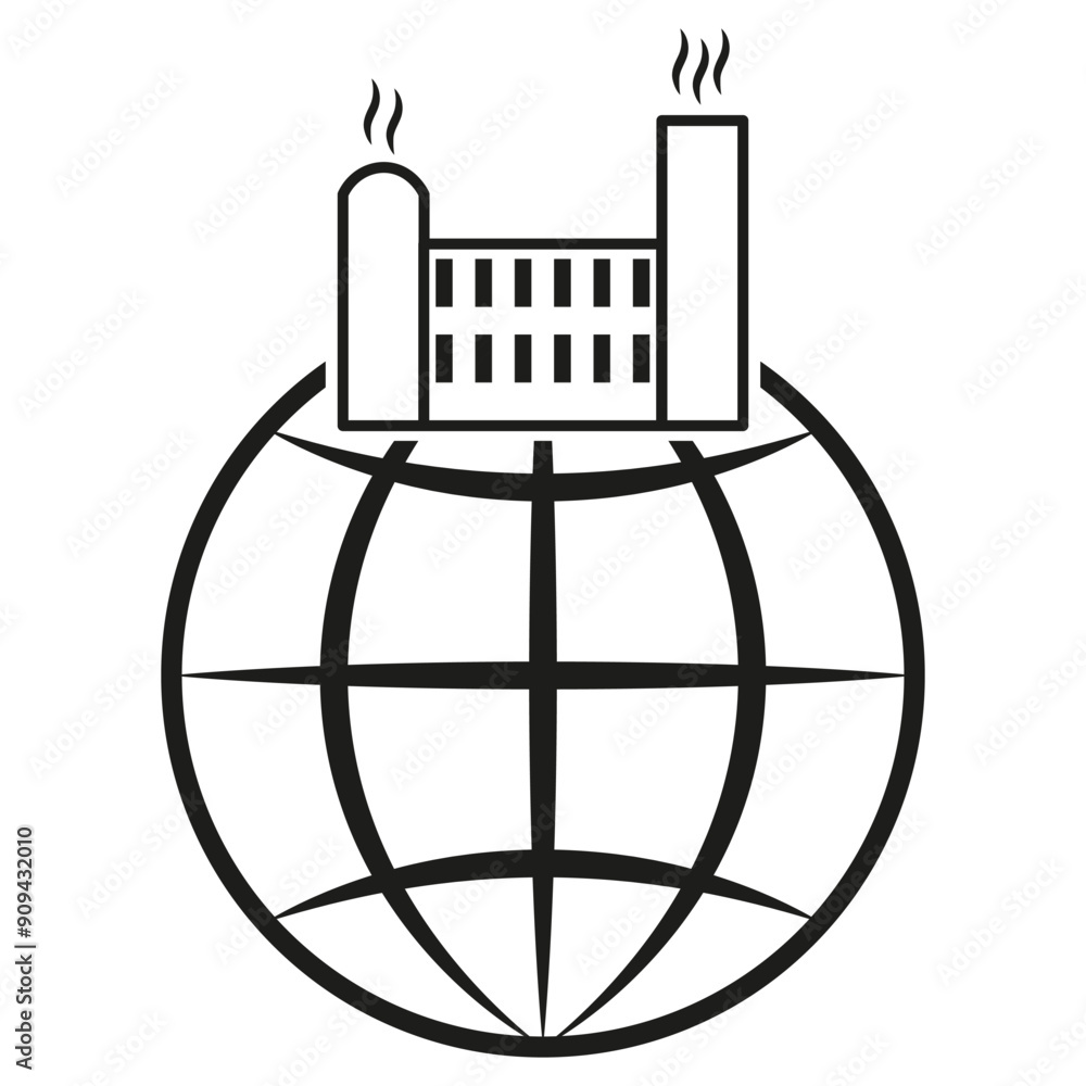 Global industry icon. Factory on globe. Vector industrial symbol. Worldwide production concept. Global industry icon. Factory on globe. Vector industrial symbol. Worldwide production concept.