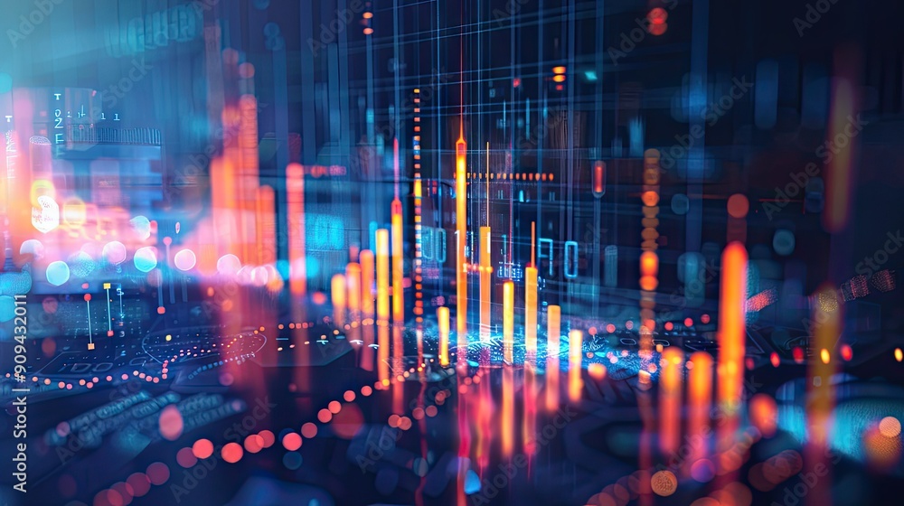 Modern 3D illustration of a financial graph with arrows and digital effects on a dark background with this inviting photo.