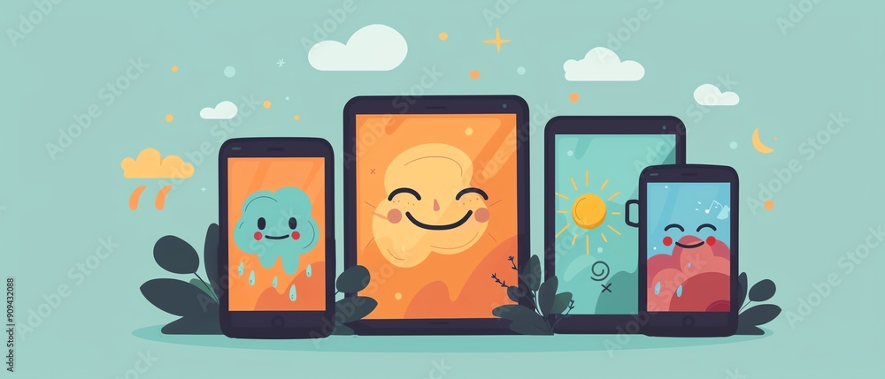 Smiling smart devices, displaying weather updates, flat design illustration Smiling smart devices, displaying weather updates, flat design illustration