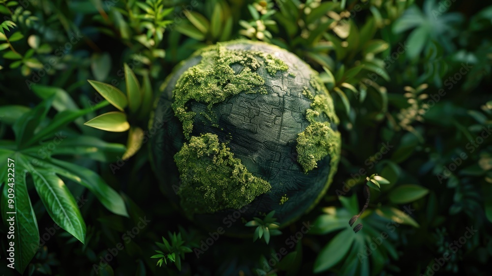 Modern 3D model of a globe surrounded by green foliage, representing global environmental protection with this inviting photo. Modern 3D model of a globe surrounded by green foliage, representing global environmental protection with this inviting photo.