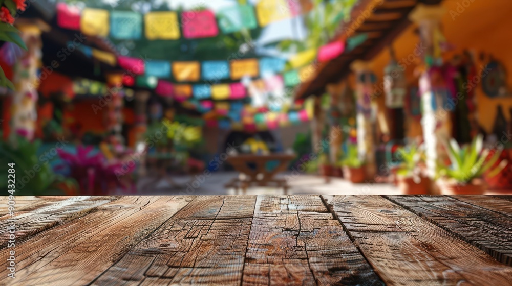 rustic wooden table in the foreground with a blurred festive mexican backdrop vibrant colors and traditional decorations create an inviting atmosphere for a fiesta celebration rustic wooden table in the foreground with a blurred festive mexican backdrop vibrant colors and traditional decorations create an inviting atmosphere for a fiesta celebration