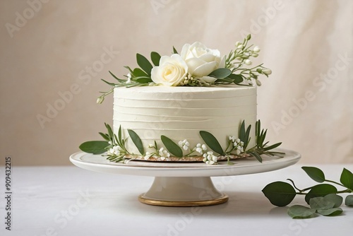 A small single-tier wedding cake, decorated with fresh greenery and white flowers. photo