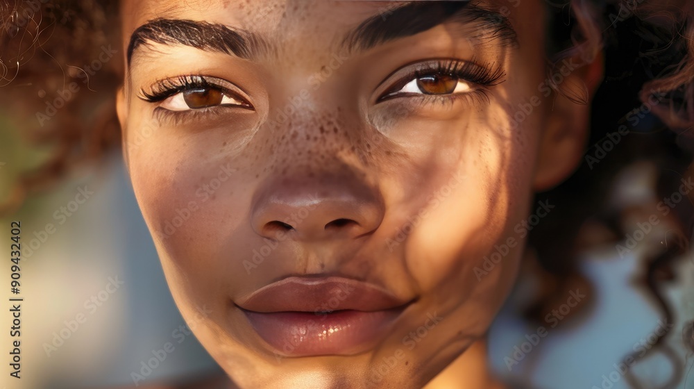 Modern close-up of a beautiful-skinned woman, showcasing her clear, luminous complexion and natural beauty with this inviting photo. Modern close-up of a beautiful-skinned woman, showcasing her clear, luminous complexion and natural beauty with this inviting photo.