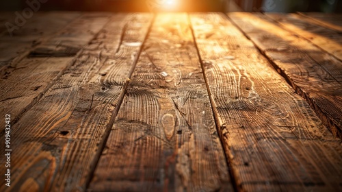 rustic wooden table surface bathed in warm natural light perfect backdrop for product placement emphasizing texture and organic beauty