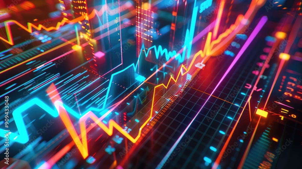 Stylized 3D model of a financial data chart with arrows and glowing lines on a dark background with this inviting photo. Stylized 3D model of a financial data chart with arrows and glowing lines on a dark background with this inviting photo.