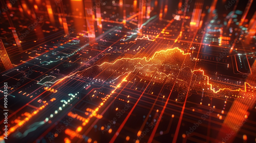 Stylized 3D model of a financial data chart with arrows and glowing lines on a dark background with this inviting photo. Stylized 3D model of a financial data chart with arrows and glowing lines on a dark background with this inviting photo.
