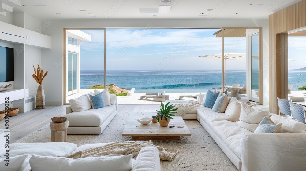 serene coastalinspired living room with panoramic ocean views natural materials soft blues and sandy neutrals create a relaxing atmosphere while modern furnishings add contemporary elegance serene coastalinspired living room with panoramic ocean views natural materials soft blues and sandy neutrals create a relaxing atmosphere while modern furnishings add contemporary elegance