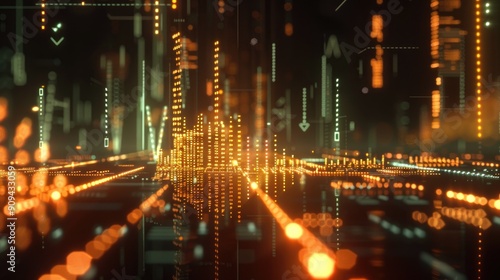 Stylized 3D model of a financial data chart with arrows and glowing lines on a dark background with this inviting photo.