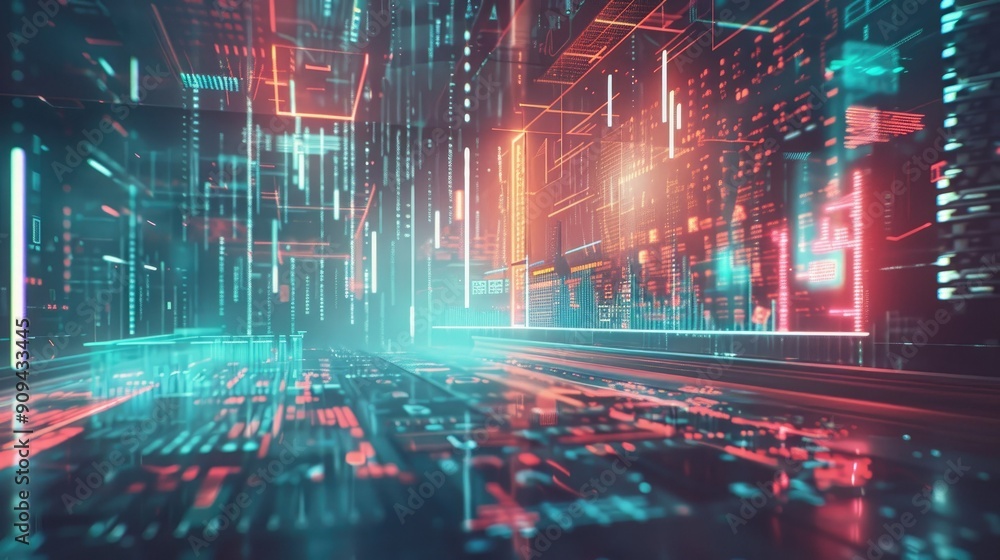 Stylized 3D rendering of financial symbols and charts with data points and digital effects on a futuristic background with this inviting photo. Stylized 3D rendering of financial symbols and charts with data points and digital effects on a futuristic background with this inviting photo.