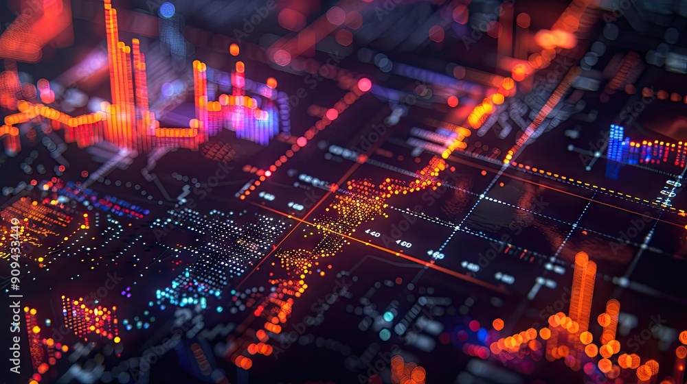Stylized 3D rendering of financial symbols and charts with glowing effects on a dark background with this inviting photo. Stylized 3D rendering of financial symbols and charts with glowing effects on a dark background with this inviting photo.