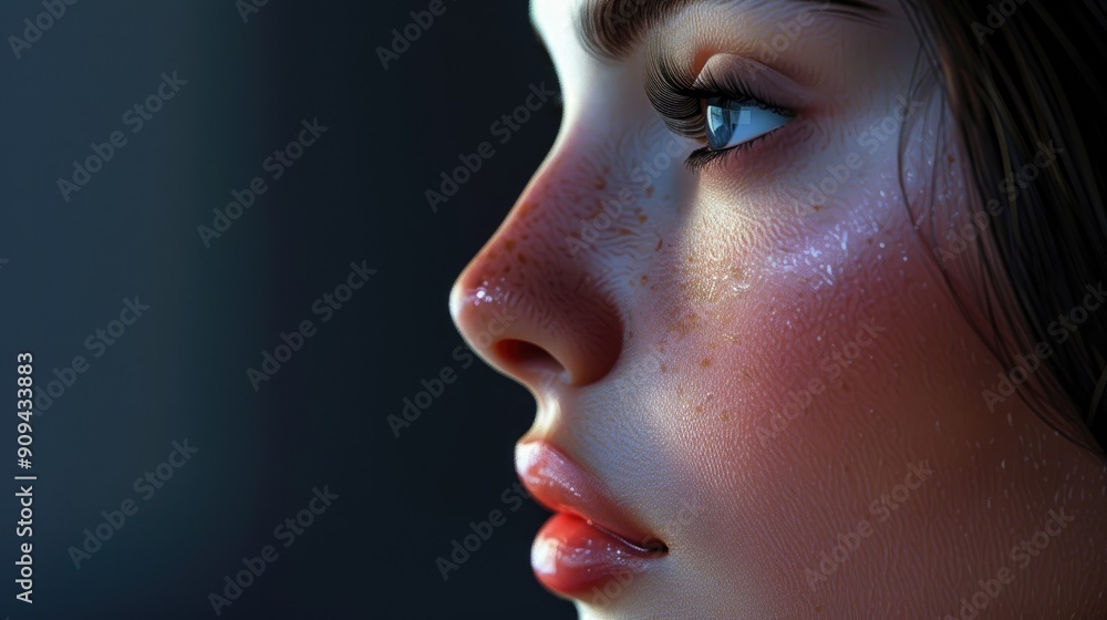 Ultra-high-definition 3D render of a woman's face, focusing on her perfectly sculpted nose with this inviting photo. Ultra-high-definition 3D render of a woman's face, focusing on her perfectly sculpted nose with this inviting photo.