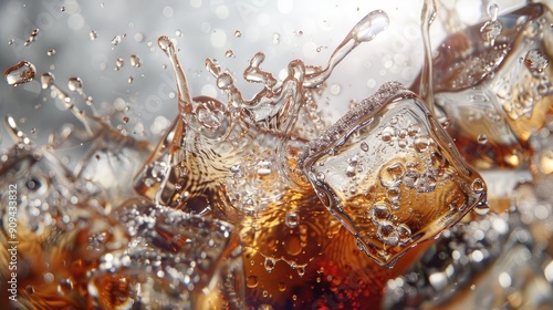 Ultra-high-definition 3D render of a cola stream cascading over ice cubes, emphasizing the refreshing and fizzy texture with this inviting photo.