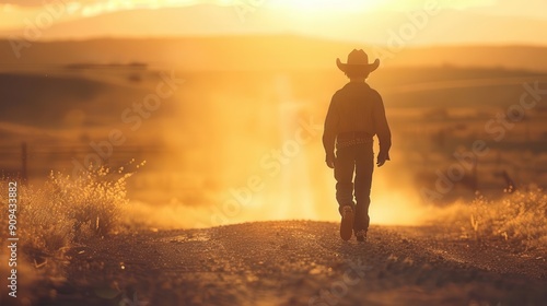 silhouette of a young cowboy walking along a dusty rural road golden sunlight filtering through his hat brim rolling hills and open sky create a sense of adventure and freedom in the american west