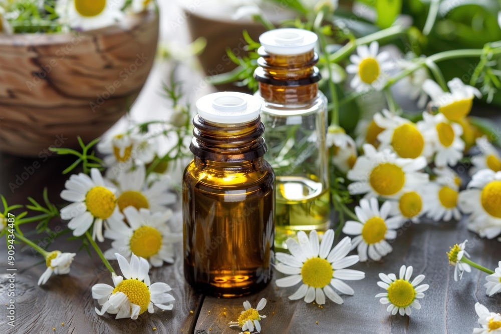 Essential oil of chamomile in brown bottles standing on rustic wooden surface with fresh blooming chamomile flowers Essential oil of chamomile in brown bottles standing on rustic wooden surface with fresh blooming chamomile flowers
