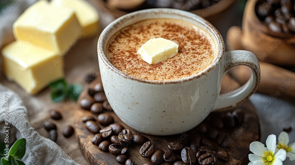 Coffee with collagen powder and butter for added health benefits Coffee with collagen powder and butter for added health benefits