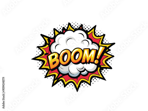 Colorful comic book explosion background with a white speech bubble and the word "BOOM!".